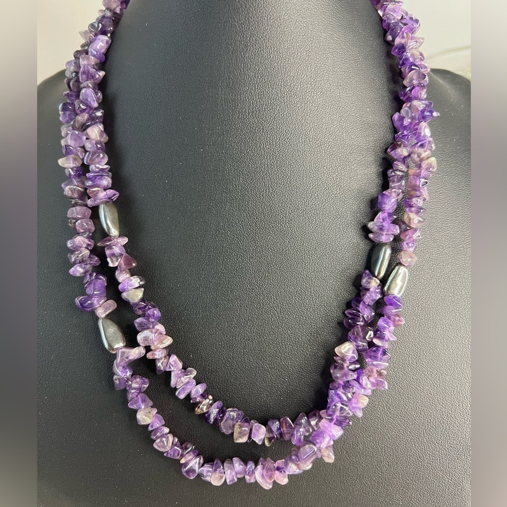 Vintage Genuine Amethyst Sterling Silver Beaded Necklace 40” D2